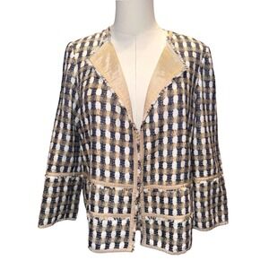 Lafayette 148 New York Blue Gold Metallic Plaid Tweed Open Front Jacket Small